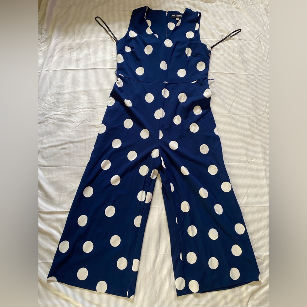 Karl Lagerfeld Navy and White Polka Dot Jumpsuit